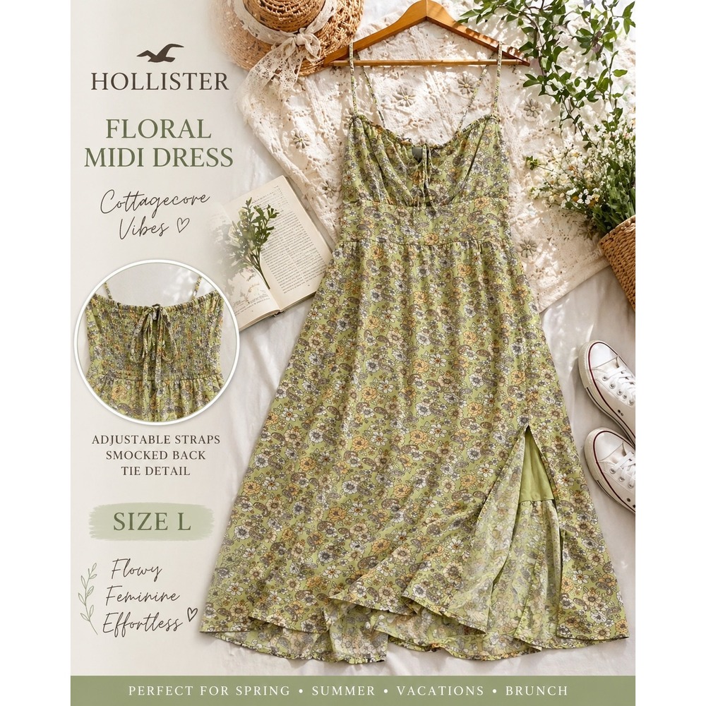 Hollister‎ Floral Midi Dress Cottagecore Boho Tie Back Slip Green L Fairycore